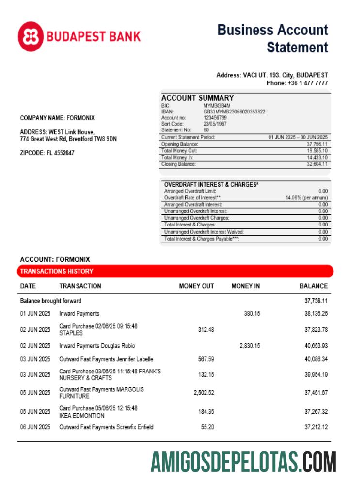 Banco de Budapeste - Szolnoki Fiók Business Firm Account Extrato bancário em formato Word e PDF exemplo real